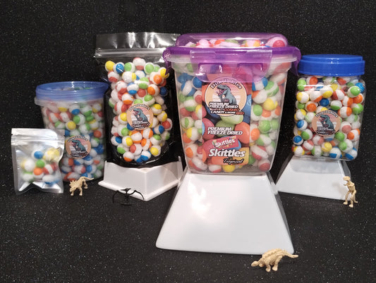 Tropical Colorful Freeze Dried Skittles in a Dino-Delite Resealable Container!